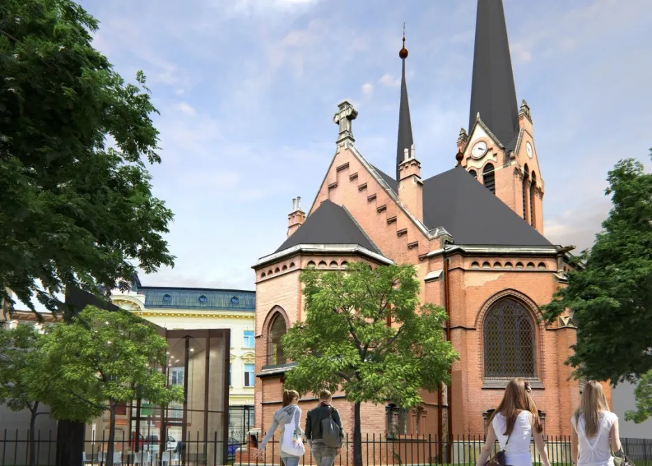 Vizualizace opraveného červeného kostela v Olomouci