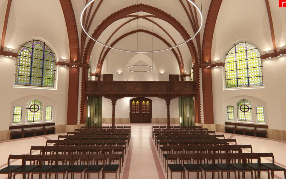 Vizualizace opravených vnitřních prostor červeného kostela