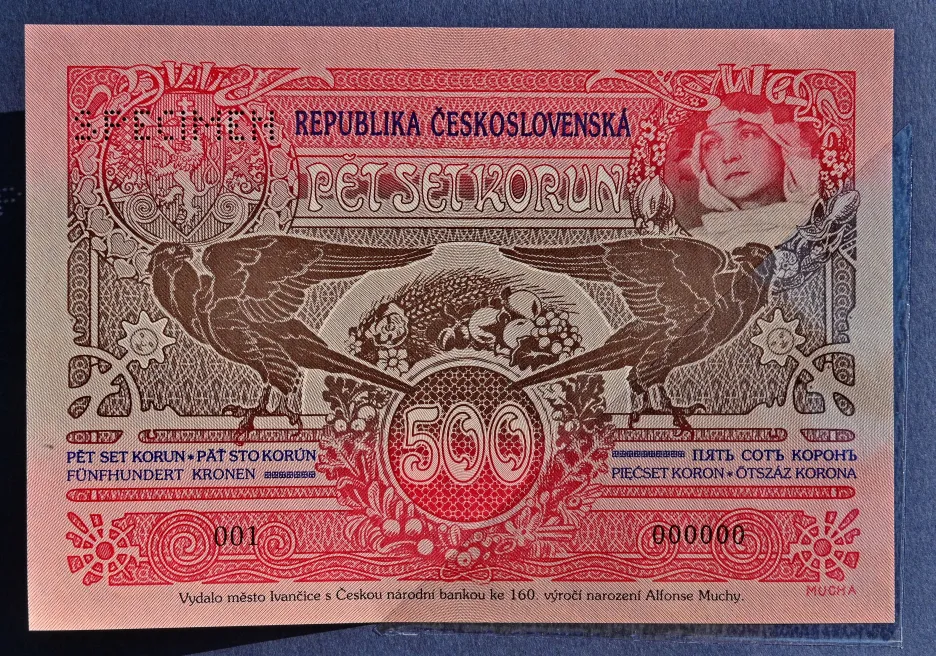Ke 160. výročí narození Alfonse Muchy vydaly Ivančice s ČNB bankovku podle umělcova návrhu