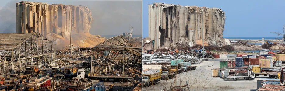 Srovnávací galerie fotografií po výbuchu v bejrútském přístavu dne 4.srpna 2020 a následně ze dne 29. července 2021  