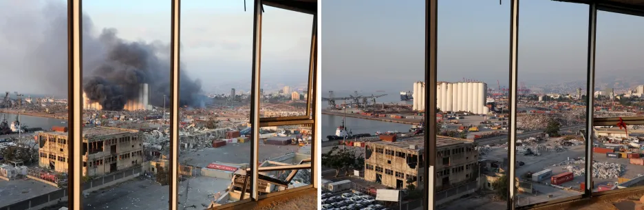 Srovnávací galerie fotografií po výbuchu v bejrútském přístavu dne 4.srpna 2020 a následně ze dne 29. července 2021  