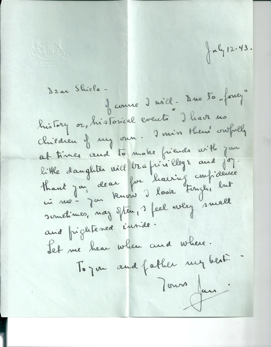 Dopis Jana Masaryka, ve kterém souhlasí s žádostí Shiely Grant Duffové, aby byl kmotrem