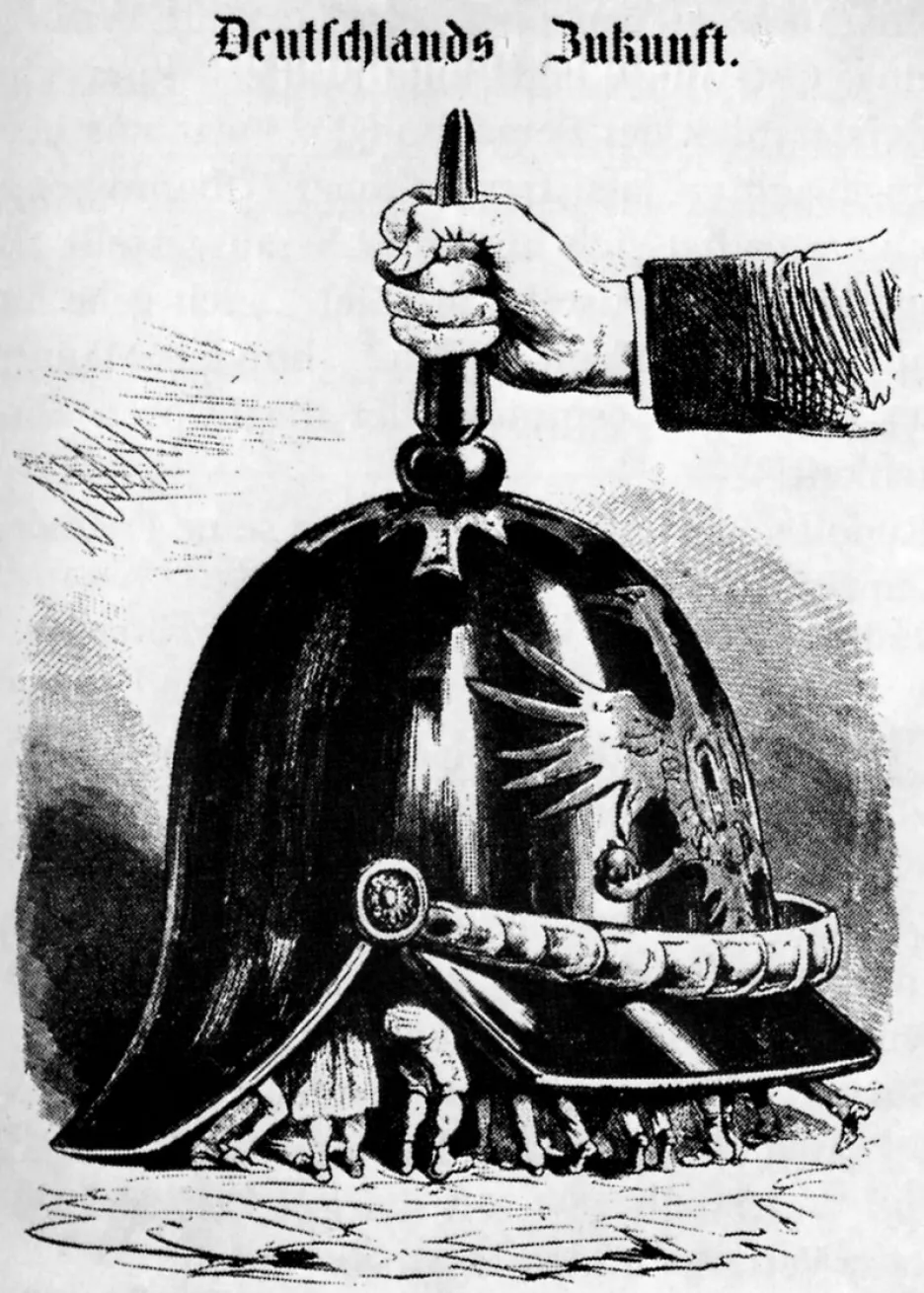 „Budoucnost Německa“ - karikatura z rakouského časopisu Kikeriki (1870) zobrazující německé obyvatelstvo pod pruskou vojenskou helmou